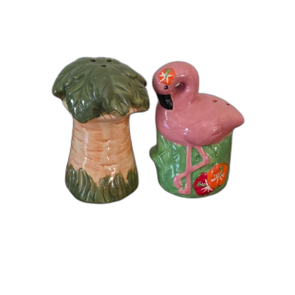 Vintage Tropical Pink Flamingo and Palm Tree Ceramic Salt and Pepper Shaker Set